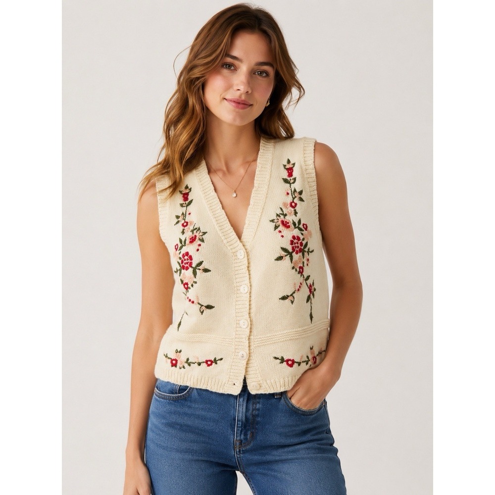 Embroidered Floral Sweater‎ Vest Cottagecore Grannycore Boho Knit Medium